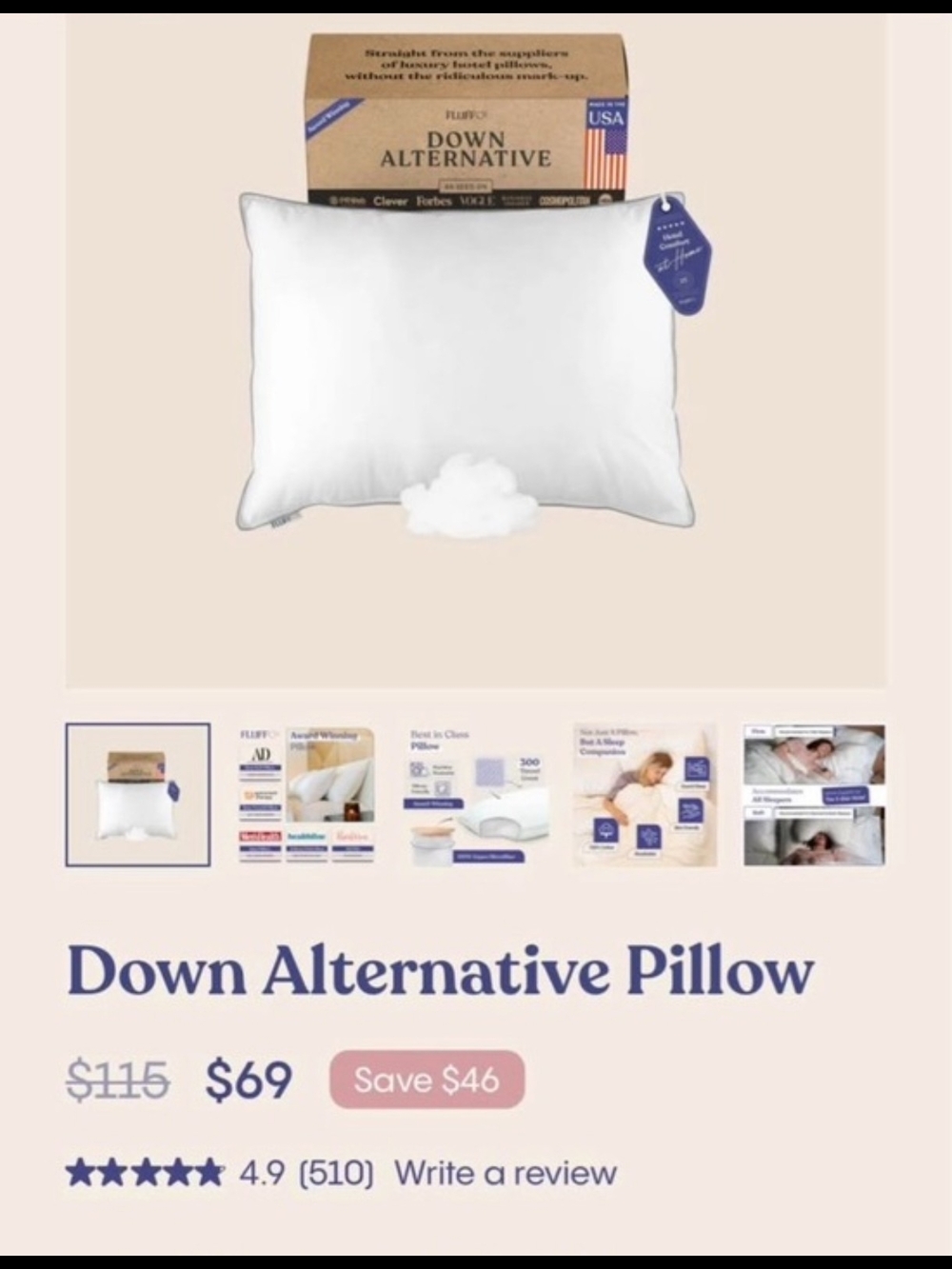 FluffCo White Down Alternative Std. Pillow, new In Box-Oprah Fav!